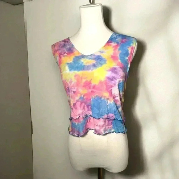 Vintage  tie dye ruffled tank top L y2k - Picture 1 of 5